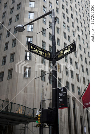 Signpost pointing the way to Wall Street and Broadway in New York, in United States of America 127265056