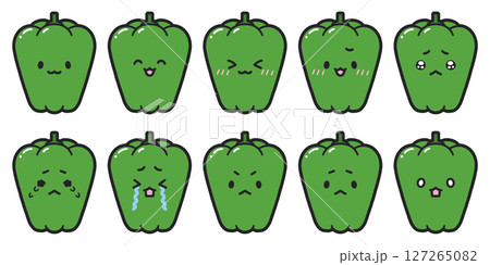 表情豊かなピーマンのキャラクター、イラストセット 表情豊かなピーマンのキャラクター、イラストセット 127265082
