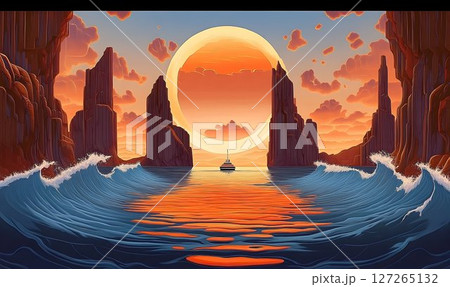 Serene Ocean View with Cliffs, Sun, and Boat, A Picturesque Landscape Painting 127265132