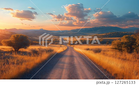 Golden Hour on the Dirt Road, A Serene Landscape at Dusk with Rolling Hills Golden Hour on the Dirt Road, A Serene Landscape at Dusk with Rolling Hills 127265133