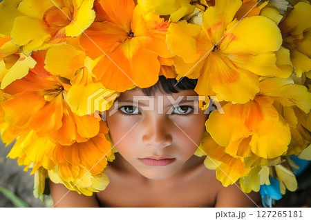 Portrait of a child framed by vibrant yellow and orange flowers with direct gaze Portrait of a child framed by vibrant yellow and orange flowers with direct gaze 127265181