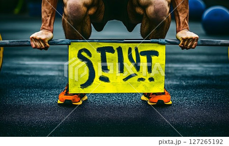 Determined athlete lifting weights with homemade motivational 'stint' sign 127265192