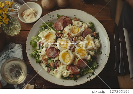 Savory salad with eggs and sausage on a rustic wooden table setting 127265193