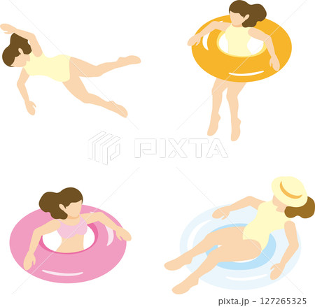 アイソメトリック　人物　女性　海　海水浴　プール　水着　水泳　夏　レジャー　トラベル　イラスト素材 127265325
