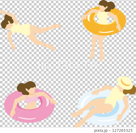 アイソメトリック　人物　女性　海　海水浴　プール　水着　水泳　夏　レジャー　トラベル　イラスト素材 127265325