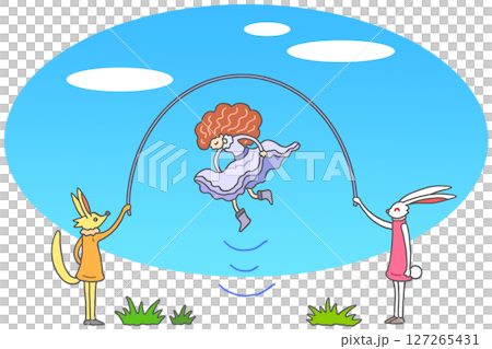 童話幻想 - 動物和玩跳繩的女孩 127265431