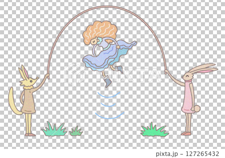 童話幻想 - 動物和玩跳繩的女孩 127265432