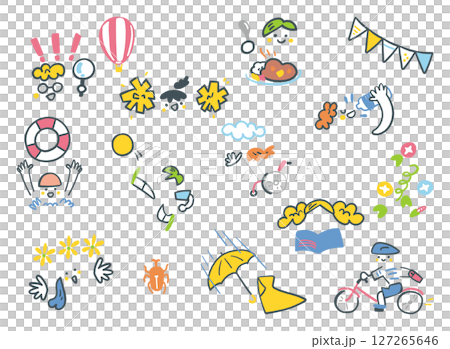 夏を楽しむ小学生のアイコン　セットのストックイラスト素材 127265646