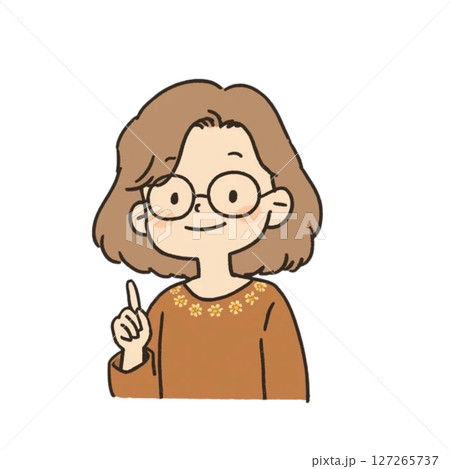 眼鏡をかけた女性が指を立てているイラスト、アイコン、素材、背景なし、シンプル、ポイント、教師 127265737