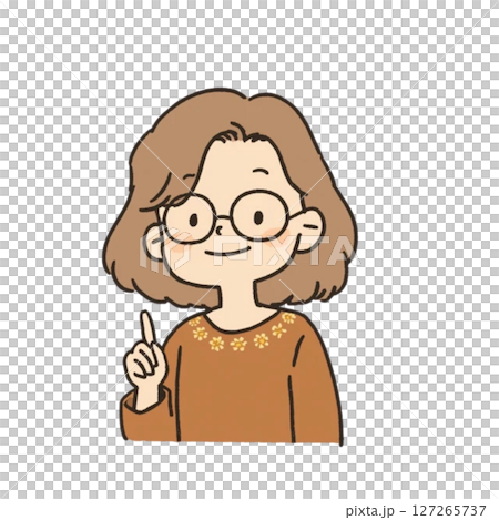眼鏡をかけた女性が指を立てているイラスト、アイコン、素材、背景なし、シンプル、ポイント、教師 127265737