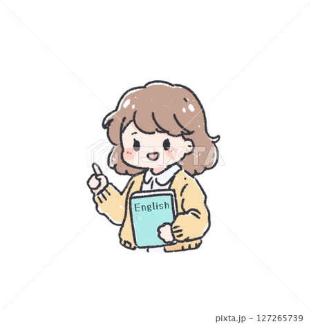 デフォルメ、英語の教科書を持っている女の子のイラスト、生徒、アイコン、素材、背景なし、英会話 127265739