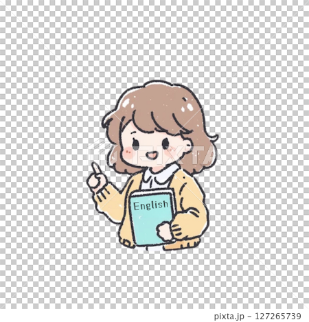 デフォルメ、英語の教科書を持っている女の子のイラスト、生徒、アイコン、素材、背景なし、英会話 127265739