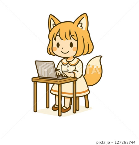 きつねの耳としっぽが生えた女の子がノートパソコンで作業しているイラスト、アイコン、素材、背景なし 127265744