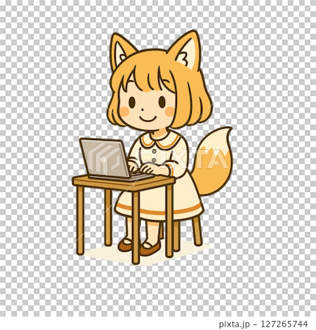 きつねの耳としっぽが生えた女の子がノートパソコンで作業しているイラスト、アイコン、素材、背景なし 127265744