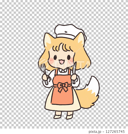 Illustration, icon, material, no background of a girl with fox ears and a tail holding a knife and fork 127265745