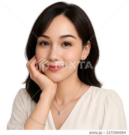 ほお杖をつくきれいなハーフの女性 127266064