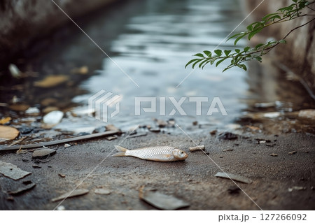 High Angle View of Pale Lifeless Fish Floating in Shallow Water with Leaves and Debris 127266092