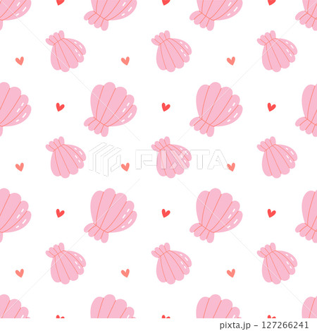 Cute Pink Seashells and Hearts Seamless Summer Beach Pattern 127266241