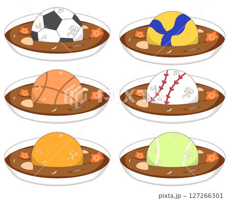 スポーツボールモチーフのおにぎりカレーライスのイラスト スポーツボールモチーフのおにぎりカレーライスのイラスト 127266301