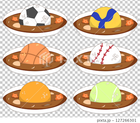 スポーツボールモチーフのおにぎりカレーライスのイラスト スポーツボールモチーフのおにぎりカレーライスのイラスト 127266301