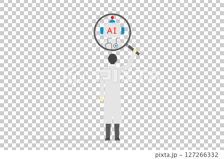 Illustration of a man in a white coat observing an AI doctor robot with a magnifying glass 127266332
