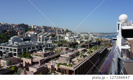 Istanbul, Turkey - Galataport waterfront in Karakoy with a view of the city skyline from abstract cruise ship 127266647