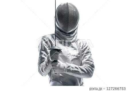 AI-generated item. Fencer in uniform and mask holding a foil on transparent background. 127266783