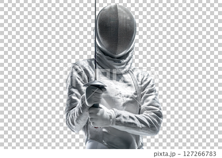 AI-generated item. Fencer in uniform and mask holding a foil on transparent background. 127266783