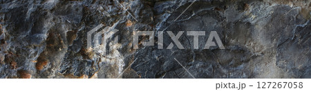 Close-up of dark volcanic stone with uneven surface.Wide view Close-up of dark volcanic stone with uneven surface.Wide view 127267058