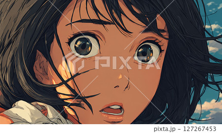 驚きの表情を見せる女性の顔のアップ 127267453