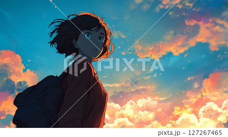 幻想的な空を見上げる女性 127267465