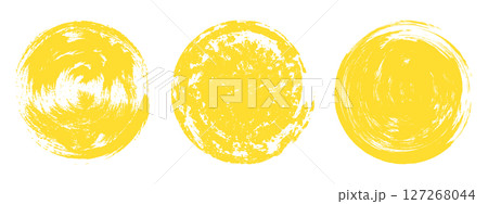 Yellow brush sun rough set. Hand drawn grunge sun circles collection. Abstract round stamps on white background. 127268044