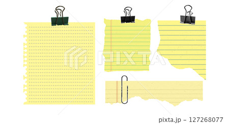 Yellow torn notebook paper collage with jagged sheets and stationery elements. Isolated set with binder and paper clip. Modern school and office supplies concept. 127268077
