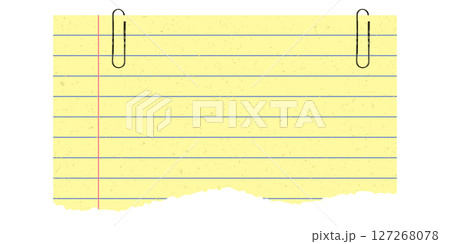 Yellow torn paper with grunge and handmade texture with paper clip. Torn scraps of notebook with lines. Retro grunge style 127268078