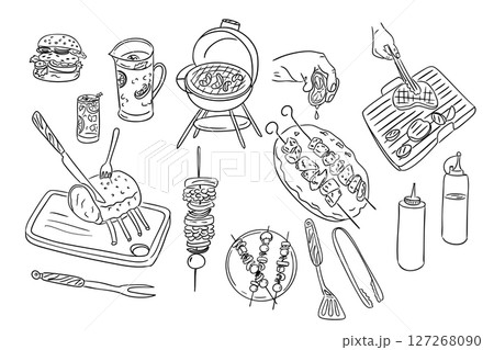 Hand drawn barbeque doodle set with grill, skewers 127268090