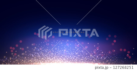 Gold lighting effect shining bokeh illustration on dark blue background. 127268251