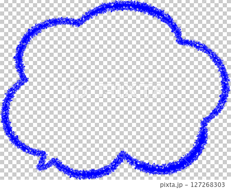 青系のクレヨンで描いた吹き出し線画フレーム。もこもこした雲の形の青いふきだし。らくがき風でかわいい。 127268303