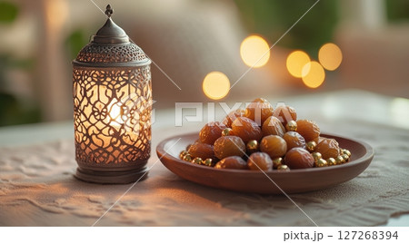 Decorative Lantern with Dried Fruits on a Table with Soft Lighting 127268394