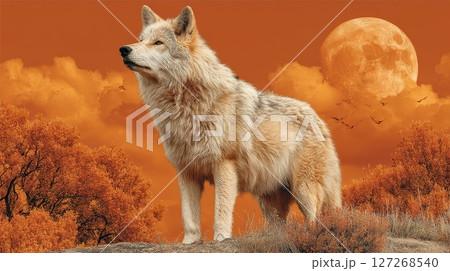 Majestic Wolf Standing Proudly Against an Orange Sunset Background Majestic Wolf Standing Proudly Against an Orange Sunset Background 127268540