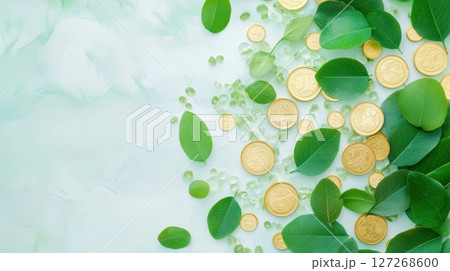 Green Leaves and Gold Coins on a Soft Background for Wealth Concept 127268600