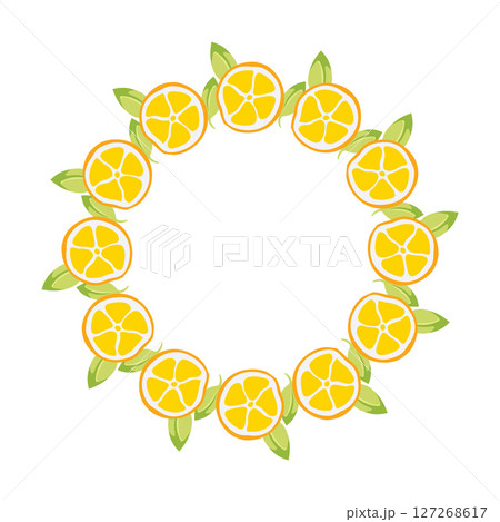 Simple yellow Lemon slice Wreath with green Leaves. Round Lemon frame. Slice of citrus and foliage. Decoration element for cards and seasonal decor, menu. Vector flat illustration. 127268617