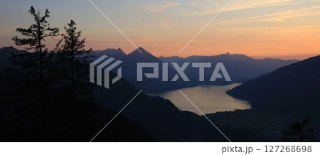 Outlines of Mount Niesen, Stockhorn and others. Lake Thun, Switzerland. 127268698