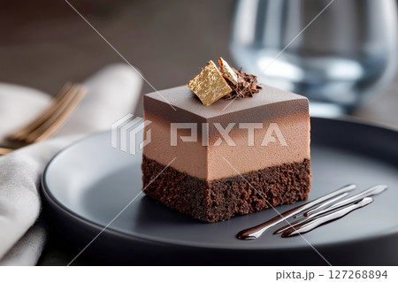 Decadent Chocolate Dessert on Elegant Plate with Subtle Background Decorations 127268894