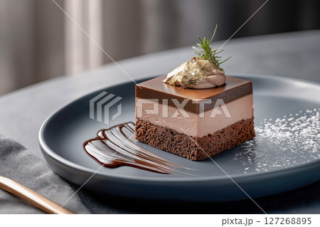 Decadent Chocolate Layer Cake with Whipped Cream on Elegant Table Setting 127268895