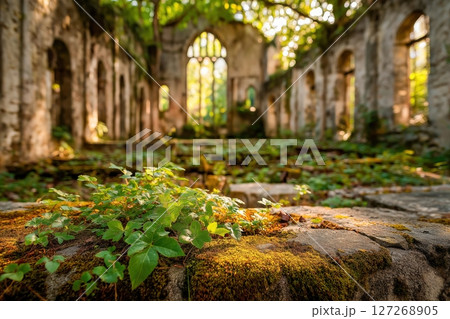 Vibrant Green Vines Amidst the Ruins of an Ancient Stone Structure with Sunlit Background 127268905