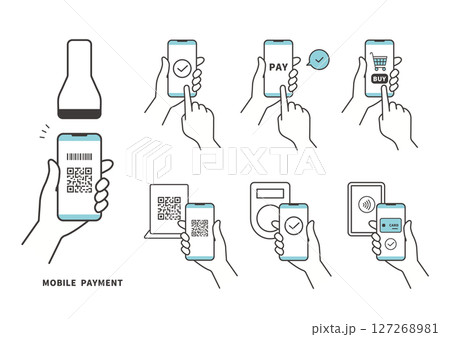 スマートフォンによるキャッシュレス決済とQRコード支払いのイラストセット 127268981