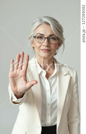 White Senior Woman Mentoring Gesture Hand 60s female, smart casual, guiding hand gesture mentoring pose, transparent bg, photo-realistic, soft pastels 127269382