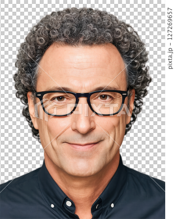European man aged 40-50 years old, wearing casual clothes, looking happy with glasses, with curly hair and black hair. European man aged 40-50 years old, wearing casual clothes, looking happy with glasses, with curly hair and black hair. 127269657