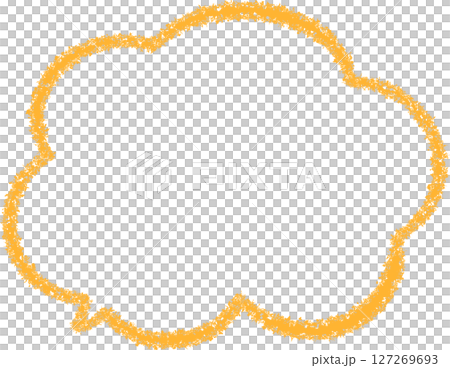 オレンジ色のクレヨンで描いた手描き風のふきだし。モコモコした雲の形。らくがき風で親しみやすい。 オレンジ色のクレヨンで描いた手描き風のふきだし。モコモコした雲の形。らくがき風で親しみやすい。 127269693