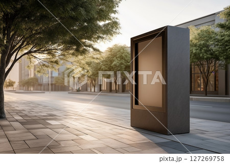 Modern Urban Street Scene with Minimalist Information Kiosk Surrounded by Trees and Soft Morning Light Modern Urban Street Scene with Minimalist Information Kiosk Surrounded by Trees and Soft Morning Light 127269758